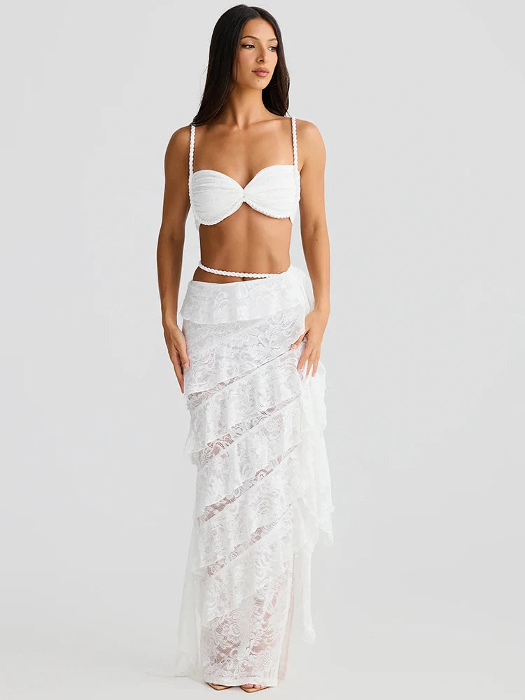 Summer Lace Sexy Two Piece Sets Women Fashion Strapless Crop Tops And Maxi Skirt Female Elegant Beach Party 2 Piece Set voguable