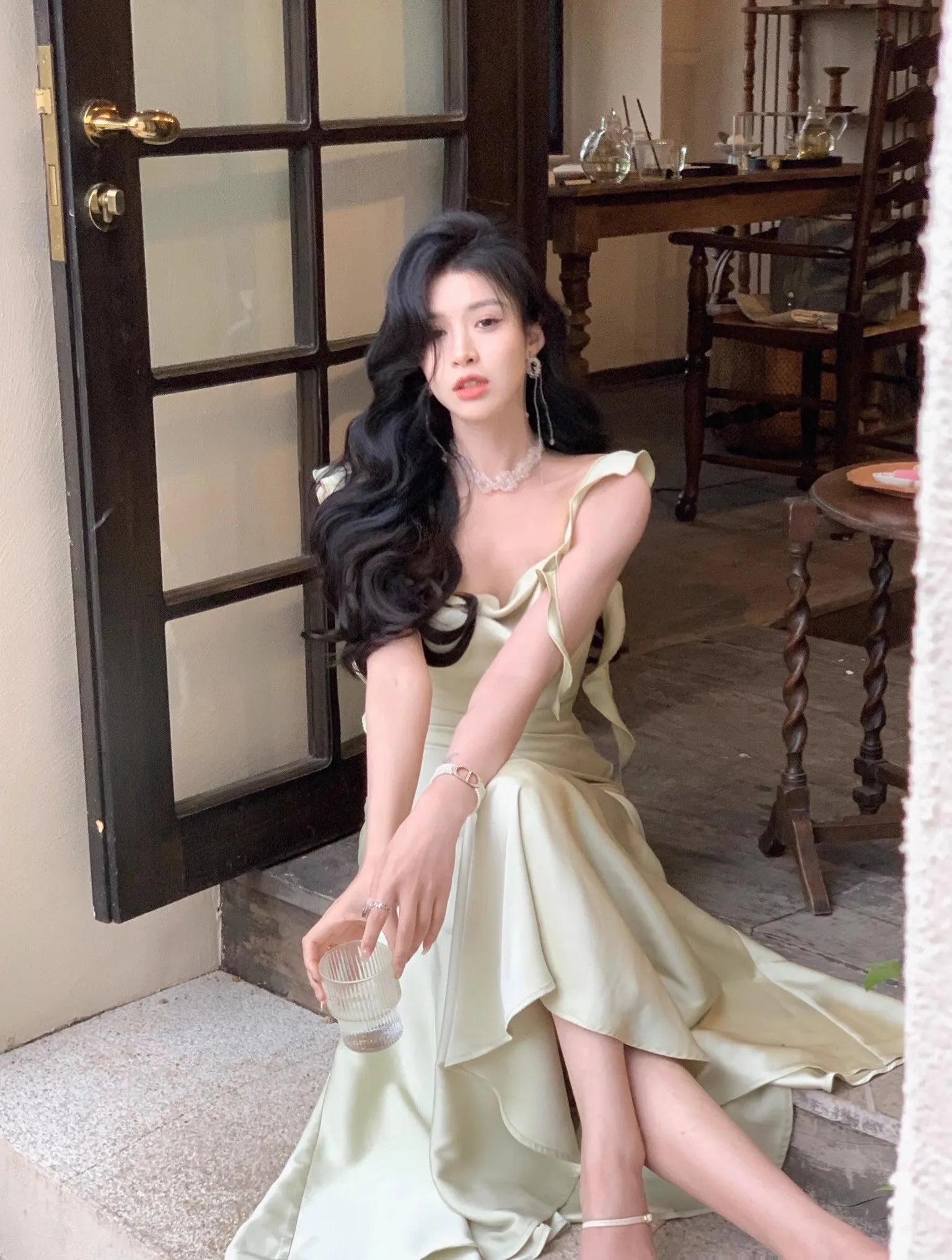 New Summer French Fashion Women Spaghetti Strap Elegant Long Mermaid Ruffles Dresses Evening Party Prom Clothes voguable