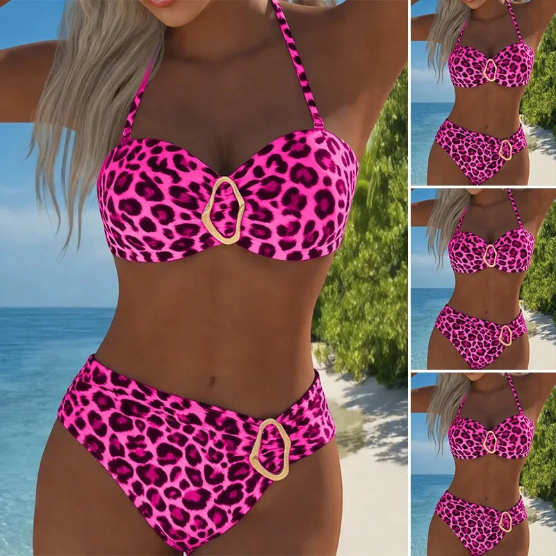 Voguable  2 Piece Gradient Leopard Bikinis Women Convertible Halter Bandeau Irregular Gold Buckle Matching Ruched High Waist Swimwear voguable