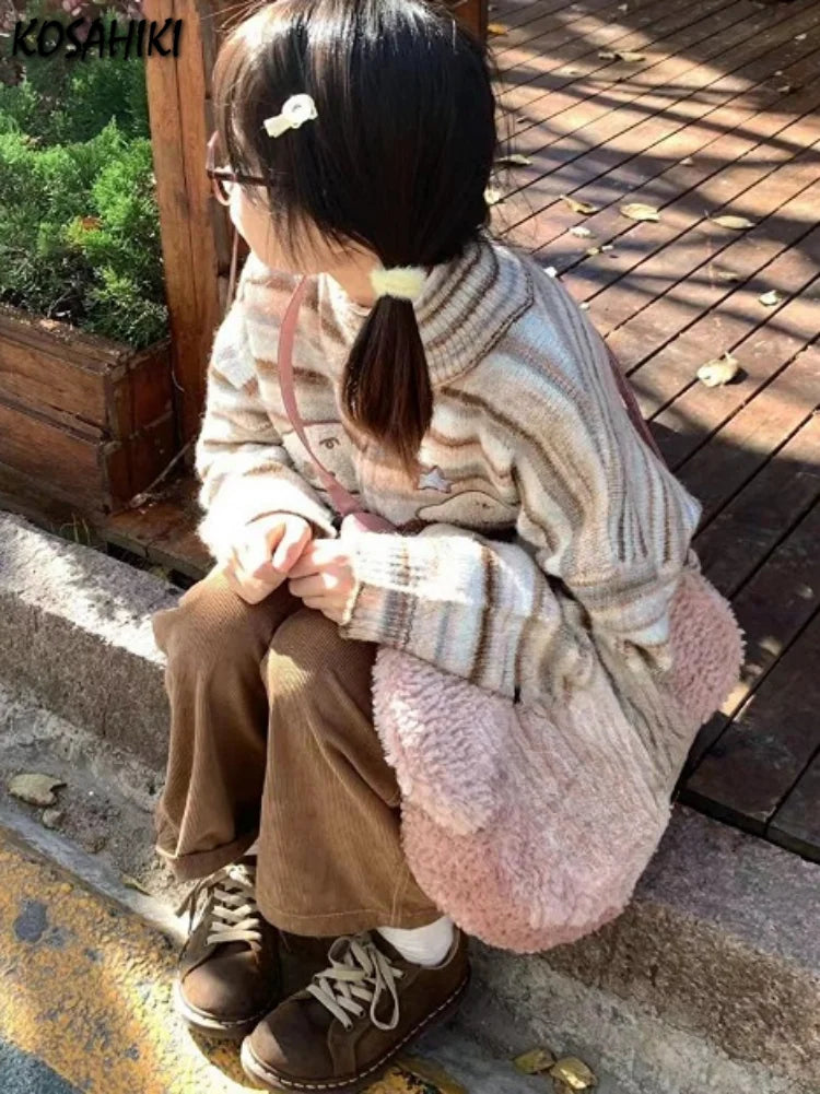 Y2k Aesthetic Japanese Knit Cardigan Kawaii Dog Embroidery Harajuku  Femme Striped Preppy Autumn Zipper y Womens voguable