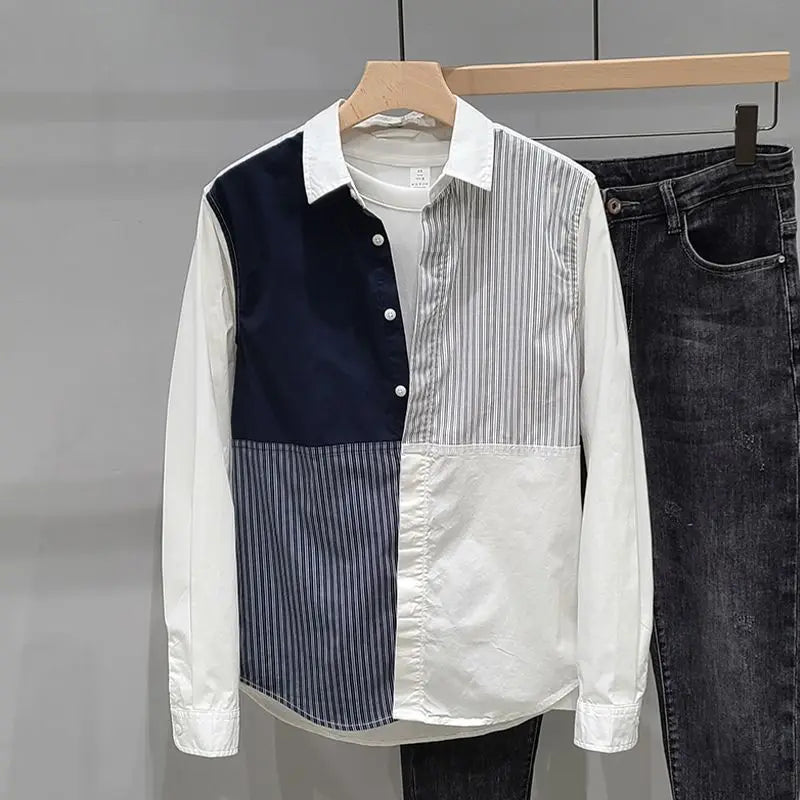 Voguable  Stripe Contrasting Splicing Long Sleeved Shirt Men's Korean Version Simple Loose Casual Shirt Top Trend voguable
