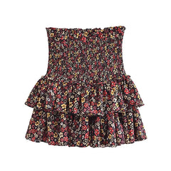 Voguable  Women French Style Floral Print Cake Mini Skirt Vintage Elastic Waist Female Ruffle Hem Summer Chiffon Skirts voguable