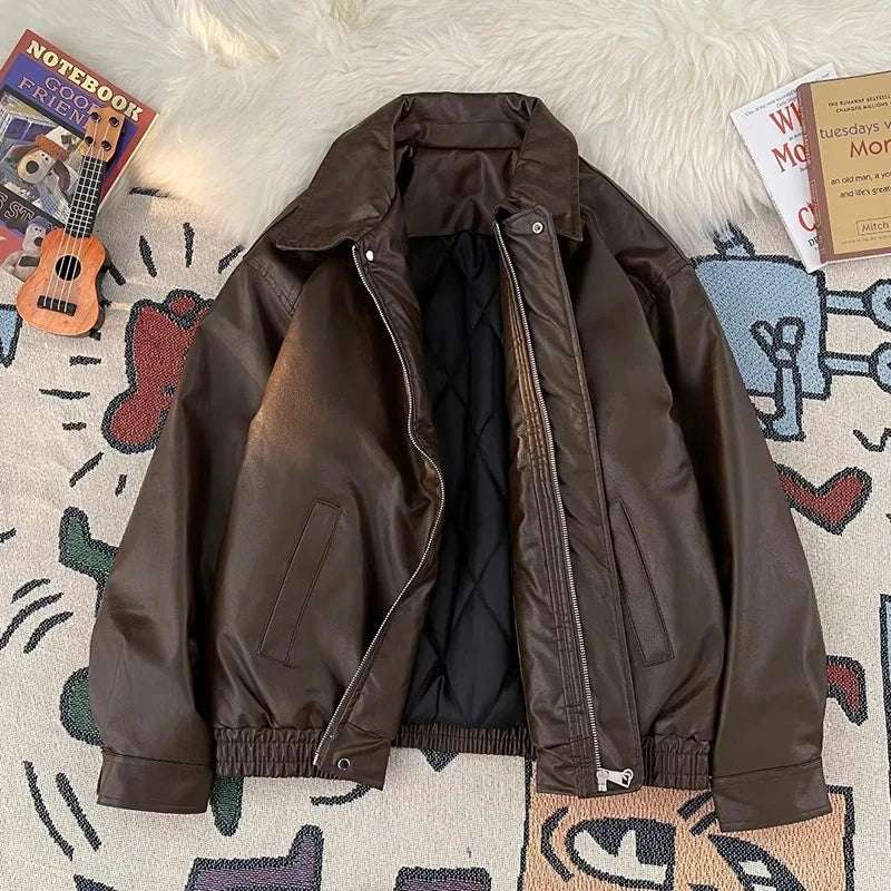 American Pu Leather Jackets Women Y2K Fashion Streetwear Zipper Moto Coats Bf Loose Lapel All-Match Punk Bomber Outerwear New voguable