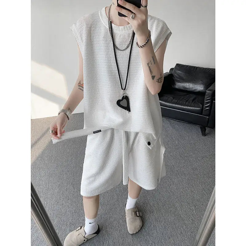 Voguable  Men's Solid Color 2-Piece Set Sleeveless T-Shirt And Shorts Loose Fit Summer Casual Comfortable Cotton Lounge Wear M-XXXXXL voguable