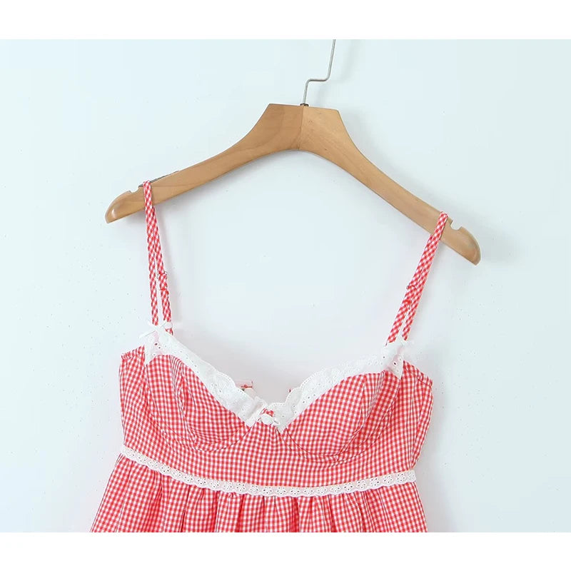 Women Lace Spliced Plaid Sling Mini Dress Sexy Sleeveless Back Lacing Up Ladies Party Skater Robe Summer Dresses voguable