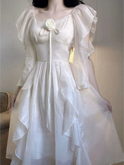 Voguable  Elegant White Dress Women Fairy Dresses Summer Chiffon Vintage Female Sundress Ruffles Holiday Style Fashion Robe voguable