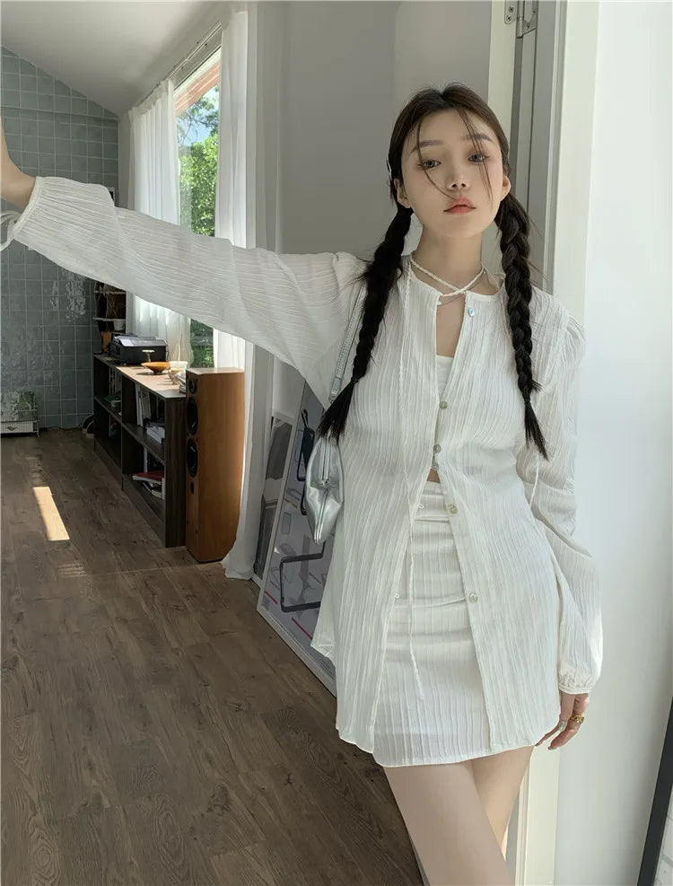 Voguable 2024 Spring New High Street Fashion Sunscreen White Long-sleeved Shirt for Women + Sexy Slim A-line Skirt Two-piece Suit voguable