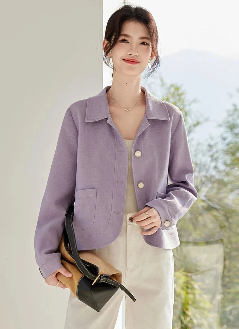 Elegant Slim Purple Jacket Women Sweet Long Sleeve Small Fragrance Coat Casual Fall Winter Lady French Pockets Fashion Tops voguable