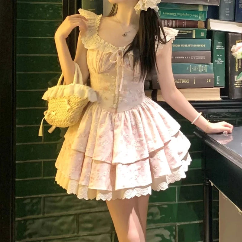 Voguable  French Style Women's Dress Flying Sleeve Summer Patchwork Lace Short Dress Princess Ball Gown Girl Party Dress voguable