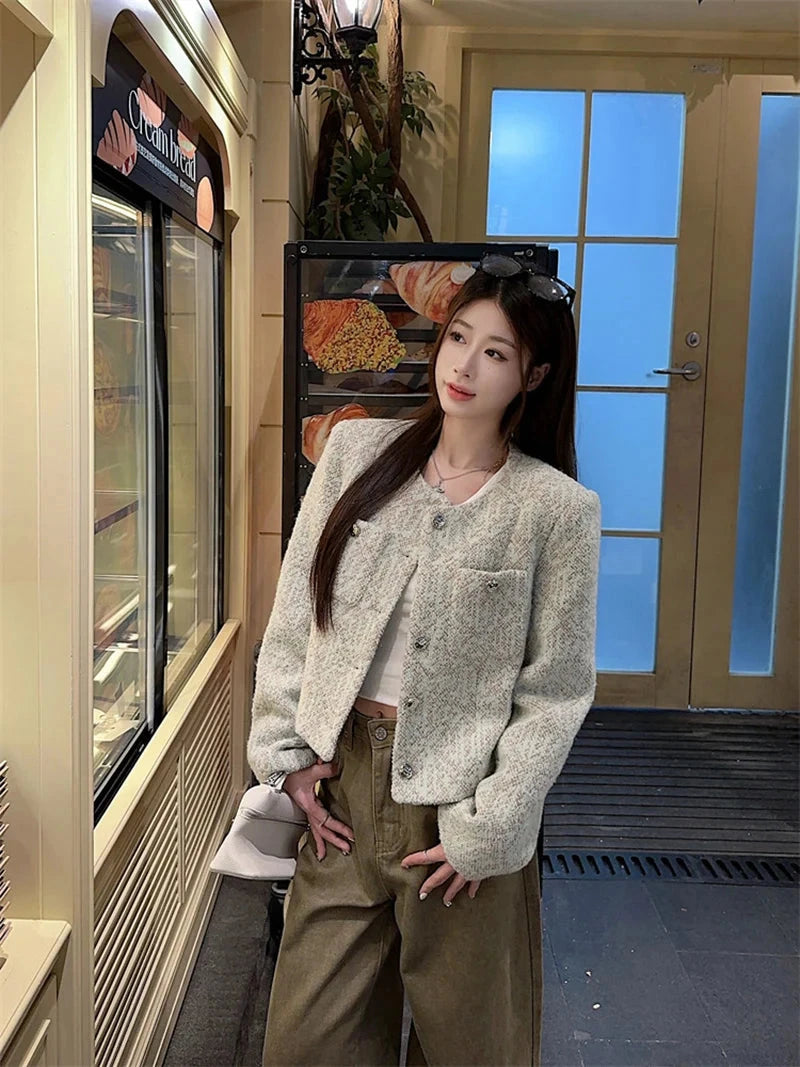 Sweet Women Slim Elegant Jacket Vintage Long Sleeve O Neck Fall Short Coat Korean Small Fragrance Single Breasted Lady Tops voguable