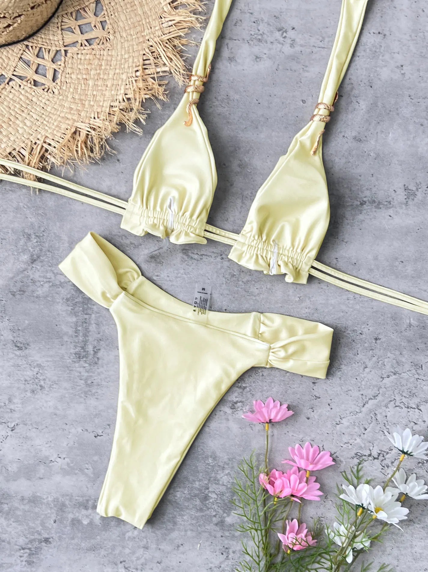 Voguable  Sexy Triangle Bikini Women Yellow Metal 3D Snake Strap Push Up Pleate Thong Swimsuit Summer Bathing Suit Bandage Swimwear voguable