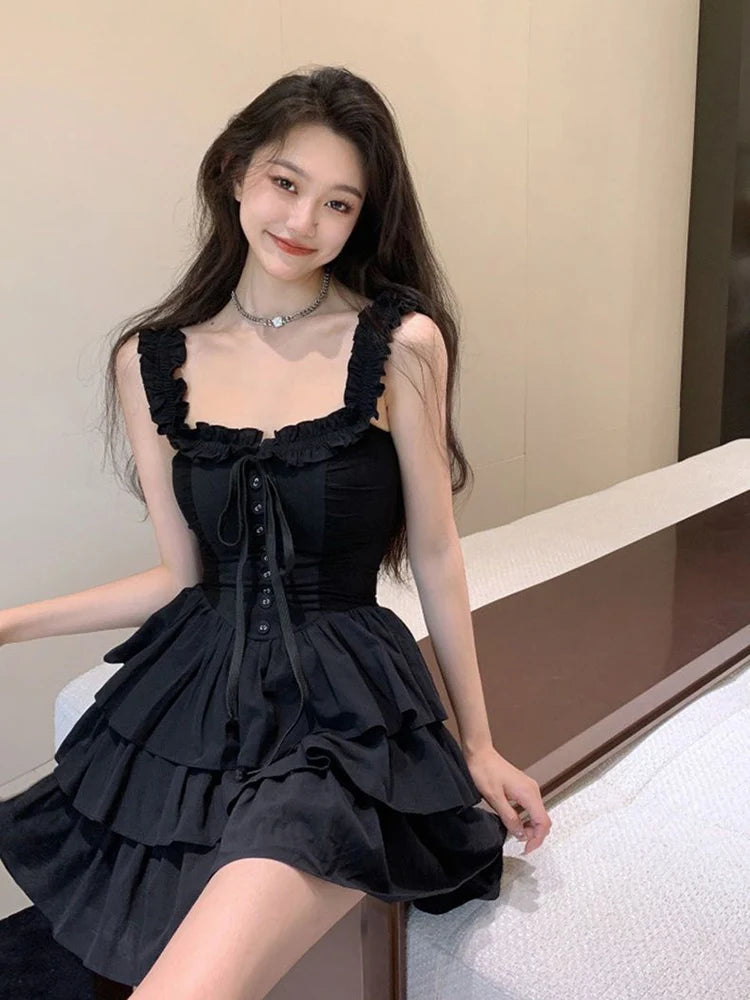 Voguable  Sexy Slip Lolita Style Black Dress Women Vintage Sleeveless Y2K Mini Dress Summer Slim Sweet Korean Lace Up Cake Dress New voguable