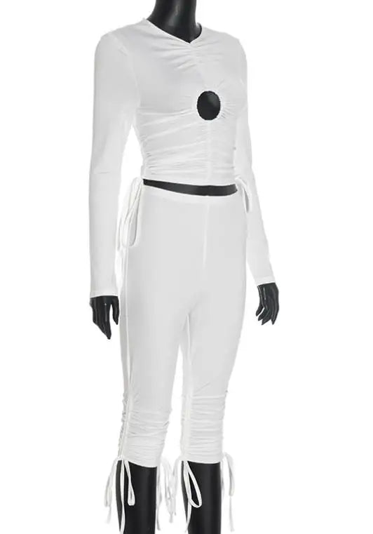 Voguable  Women's pullover with hollowed out circular pleats and adjustable drawstring, cropped pants with exposed navel set voguable