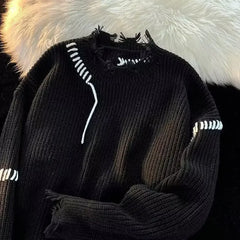 Voguable  Knitted Sweaters for Men Solid Color Crewneck Man Clothes Pullovers Round Collar Plain with Holes Beige Torn Thick Winter Street voguable