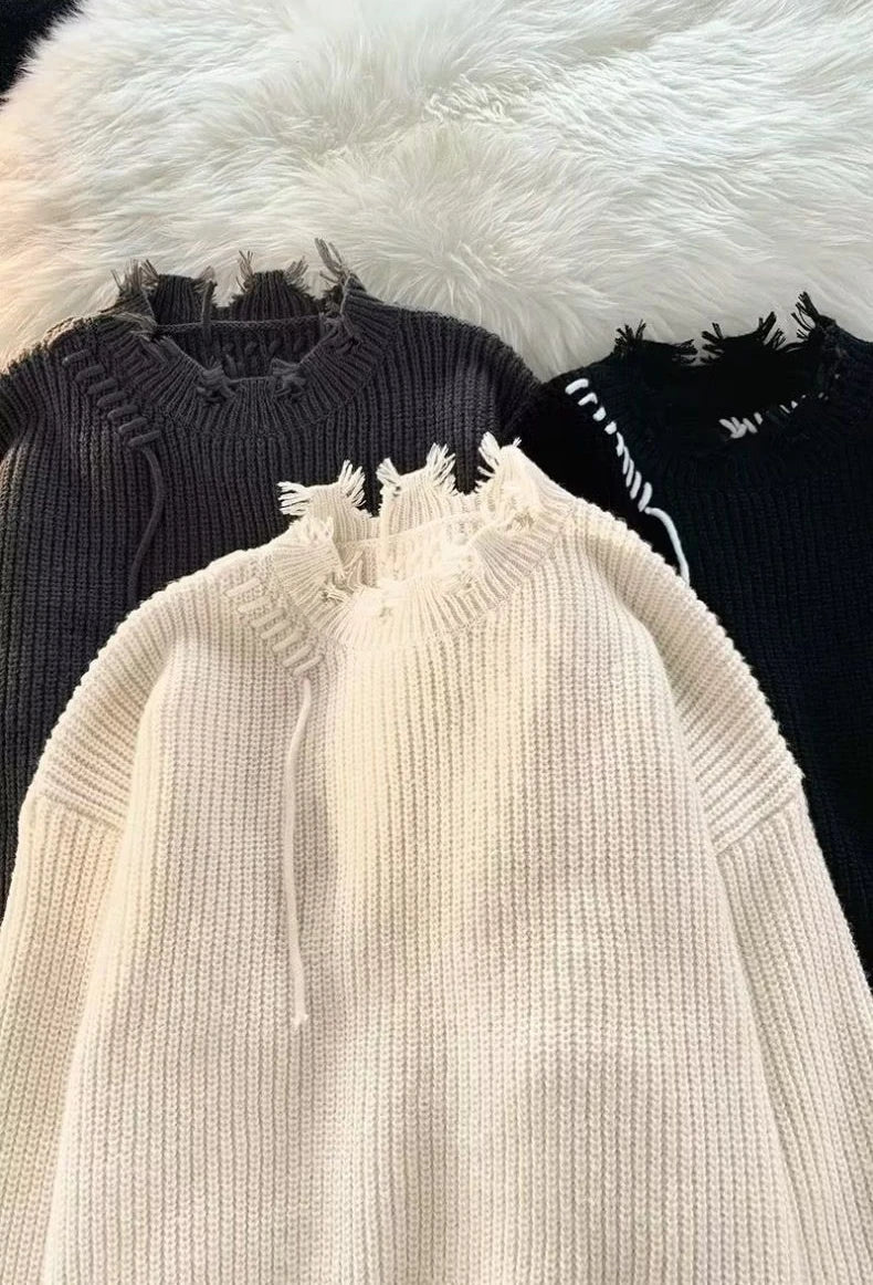 Voguable  Knitted Sweaters for Men Solid Color Crewneck Man Clothes Pullovers Round Collar Plain with Holes Beige Torn Thick Winter Street voguable