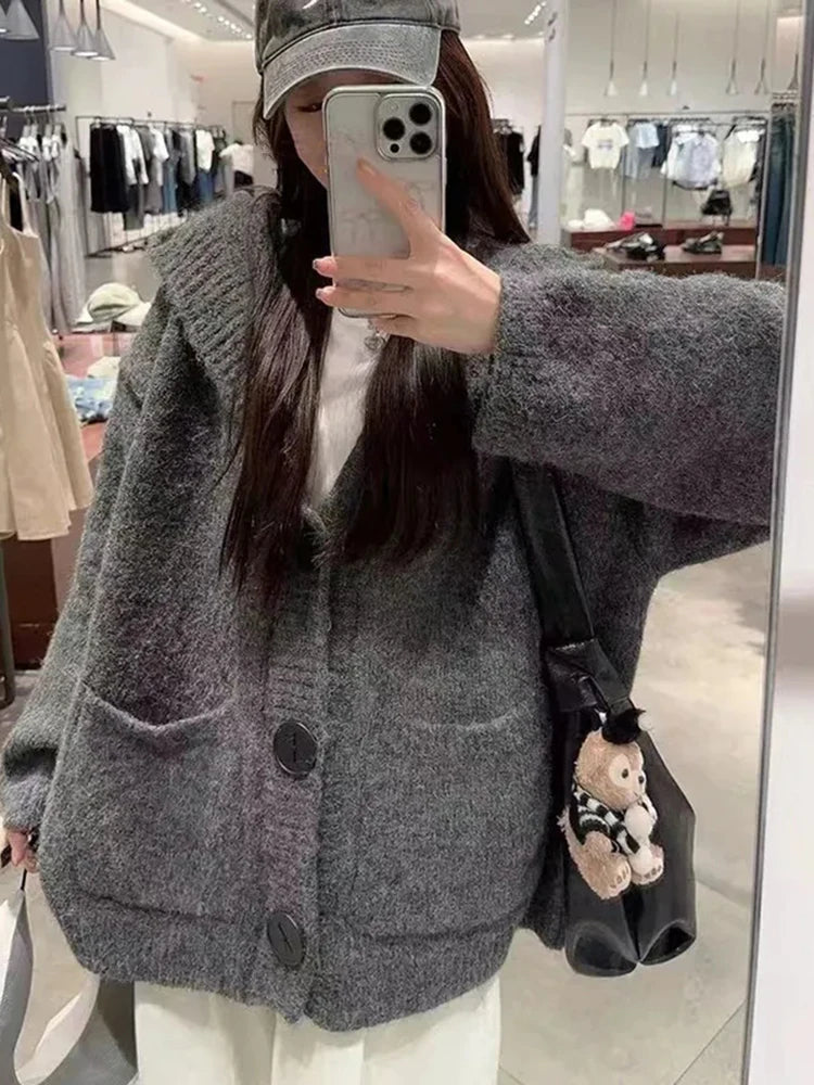 Korean Knitted Hoodie Sweater Women Autumn New Loose Lazy Style Long Sleeve Cardigan Fashion Single Breasted V Neck Knit Coats voguable