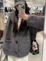 Korean Knitted Hoodie Sweater Women Autumn New Loose Lazy Style Long Sleeve Cardigan Fashion Single Breasted V Neck Knit Coats voguable
