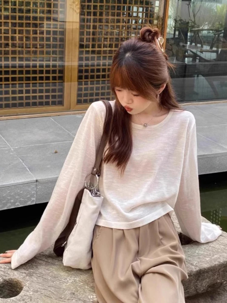 Breezy Long Sleeve Knit Top for Women Breathable O-neck Boxy Pullovers Blouse Summer Sunscreen Shirt Cover Up Casual Outfit voguable