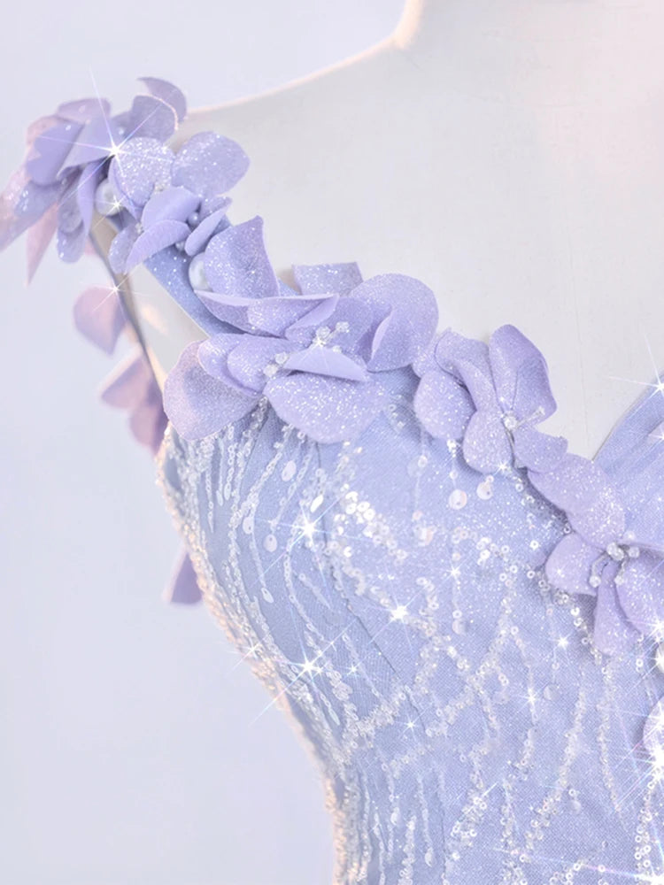 Voguable Purple Sequin Mermaid Bride Formal Evening Party Dress 3D Floar Shoulder Tulle Princess Birthday Gown for Wedding Guest voguable