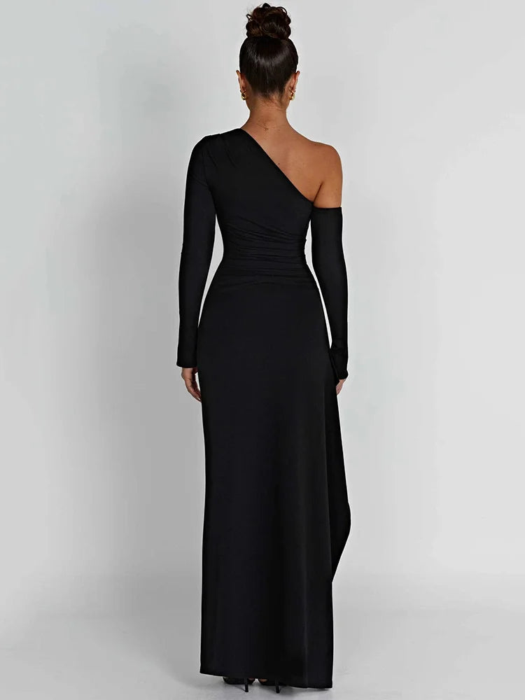 Oblique Shoulder Thigh High Split Maxi Dress Women Long Sleeve Backless Bodycon Sexy Club Party Long Dress Vestidos voguable