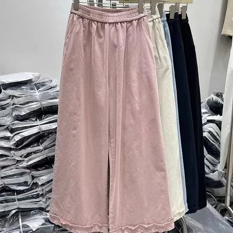 Korean Chic Ruffle Patchwork Ankle Length Pants Women Summer High Waist Loose Wide Leg Pants Elastic Waist Baggy Casual Trousers voguable