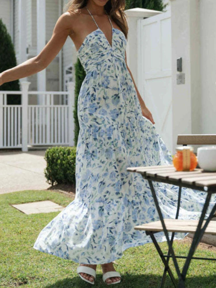Voguable  Women's Summer Chiffon Halter V Neck Sleeveless Floral Flowy A Line Maxi Dress Boho Backless Tiered Swing Long Beach Dresses voguable