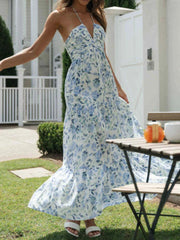 Voguable  Women's Summer Chiffon Halter V Neck Sleeveless Floral Flowy A Line Maxi Dress Boho Backless Tiered Swing Long Beach Dresses voguable
