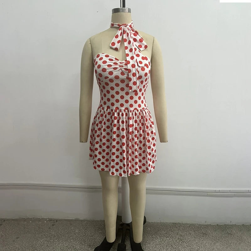 Voguable  Strapless Sexy A-line Short Dress for Women with Ribbon Bow Tie Sleeveless Dot Printed Ruched Spicy Girl's Club Party Outfits voguable