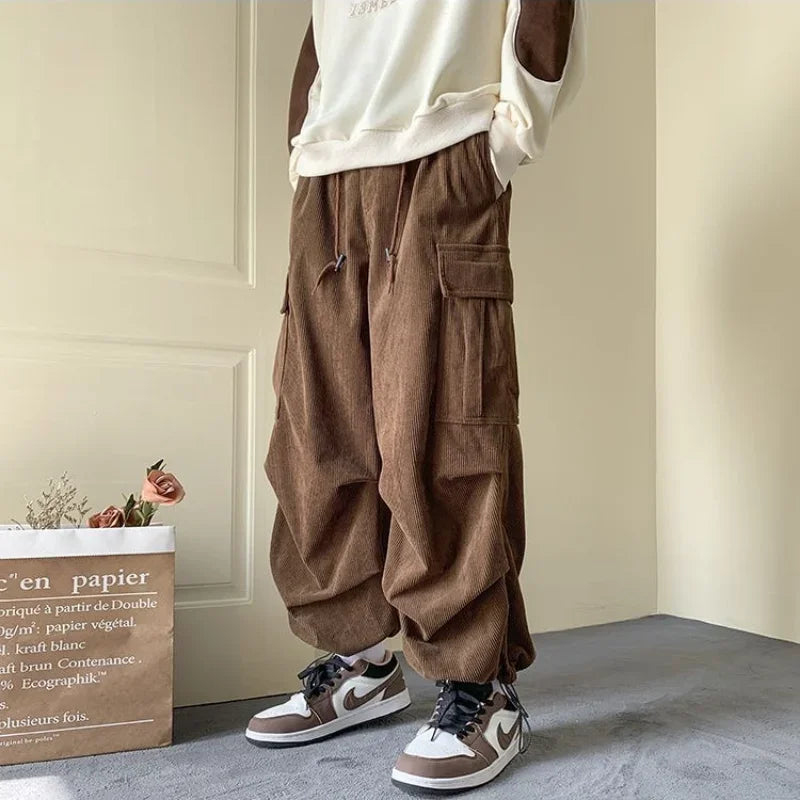 Voguable  Corduroy Cargo Pants for Men Streetwear Black Cargo Trousers Male Joggers Hip Hop Green Black Japanese Pocket Korean voguable
