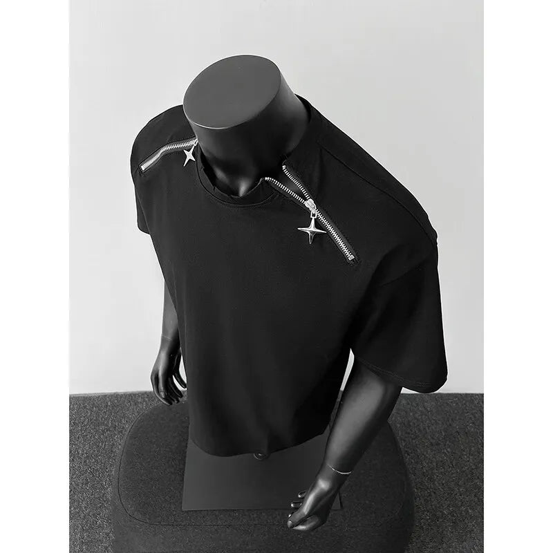 Breathable Mens Round Neck T-Shirt man Zip Detail Trendy Design New Urban Streetwear Casual Summer Tee Comfort Fit Stylish Soft voguable