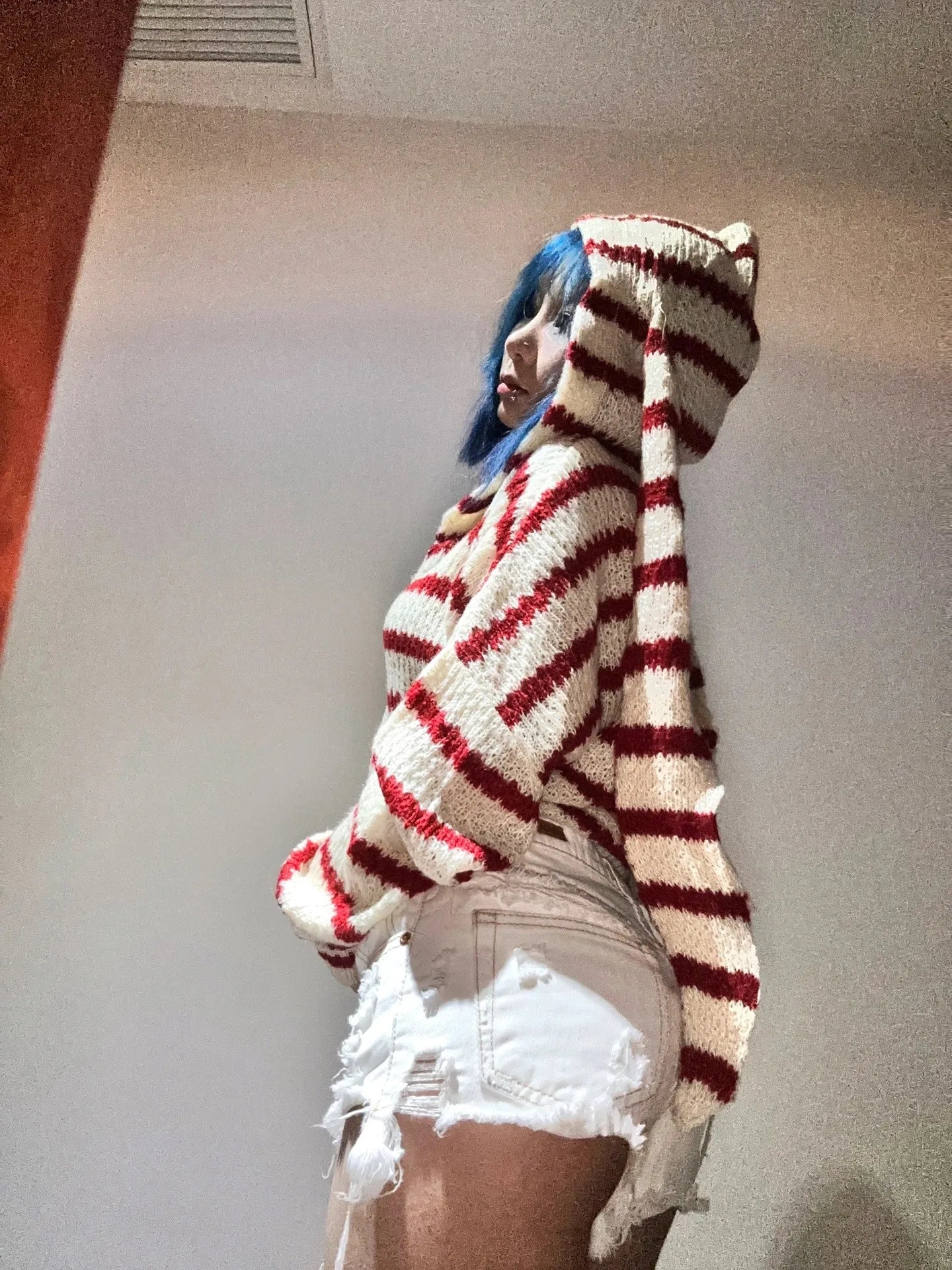 Japanese Y2k Hooded Cardigan 2000s Aesthetics Rabbit Ears Zipper Knitwear Vintage Harajuku Red Stripe Sweater Grunge voguable
