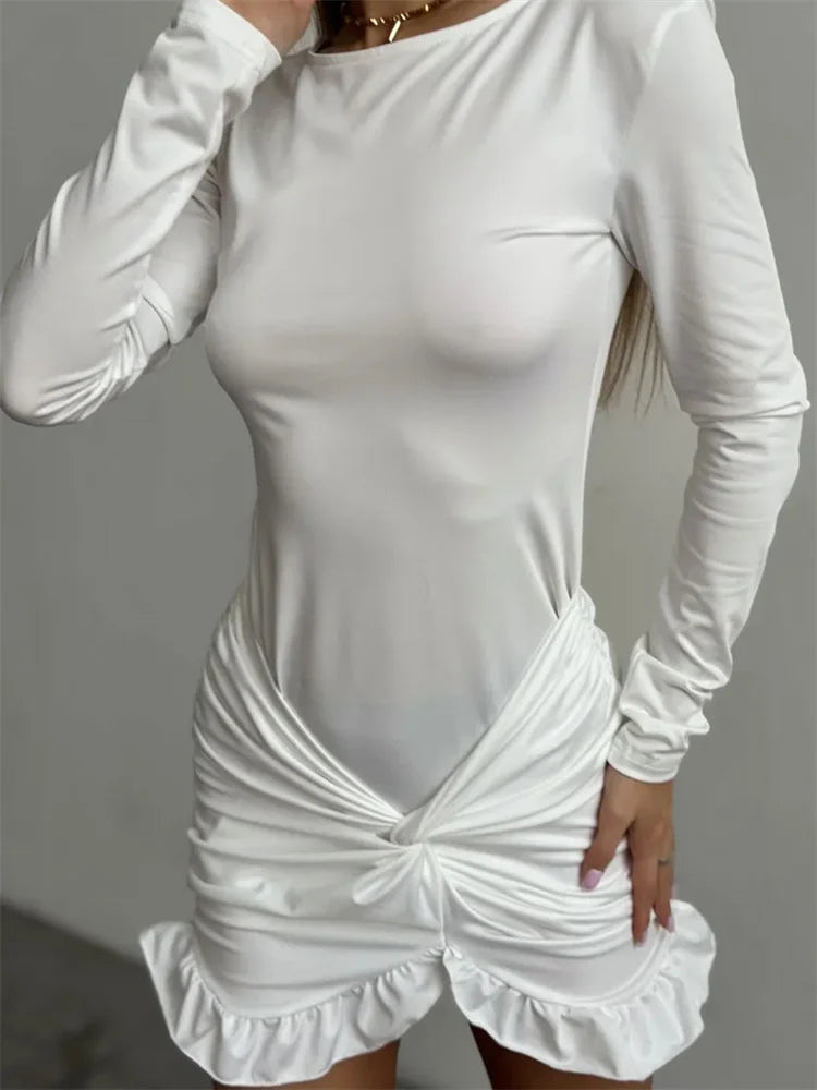 Ruffled Twist Skinny MIni Dress Women's Long Sleeve Patchwork High Waist Sexy Fashion Party Dress Female Y2k Bodycon Dress voguable