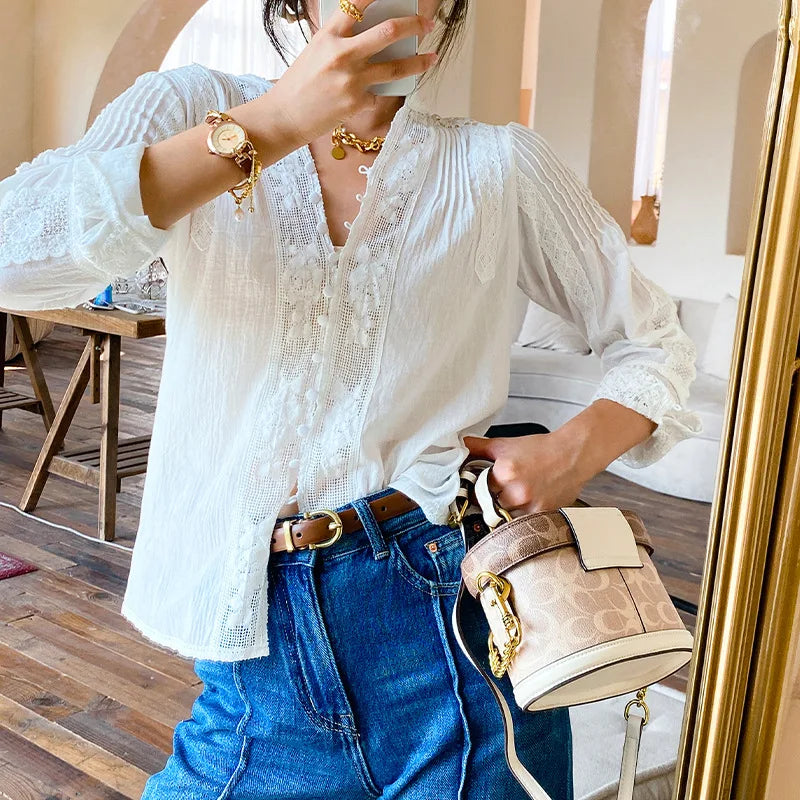 Elegant Chic Blouse Shirt White Lace Patchwork Spring Women Blouse Long Sleeve Hollow Out Boho Sexy Ladies Top Shirt voguable