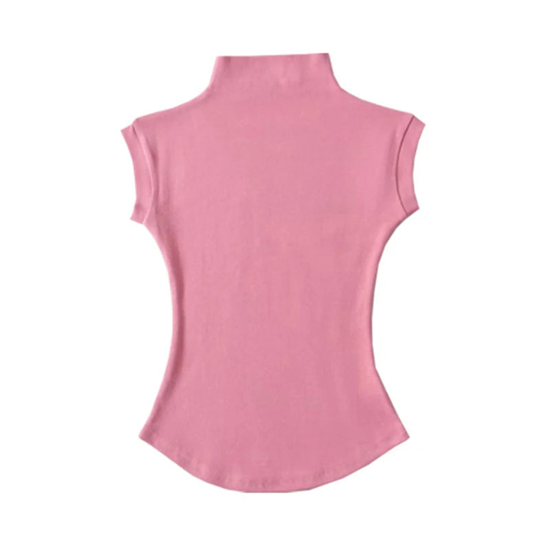 y2k Crop Tops Women Summer Vest Solid Color Mock Neck Sleeveless Stretchy T Shirts 2000s Aesthetic Clothing Streetwear voguable