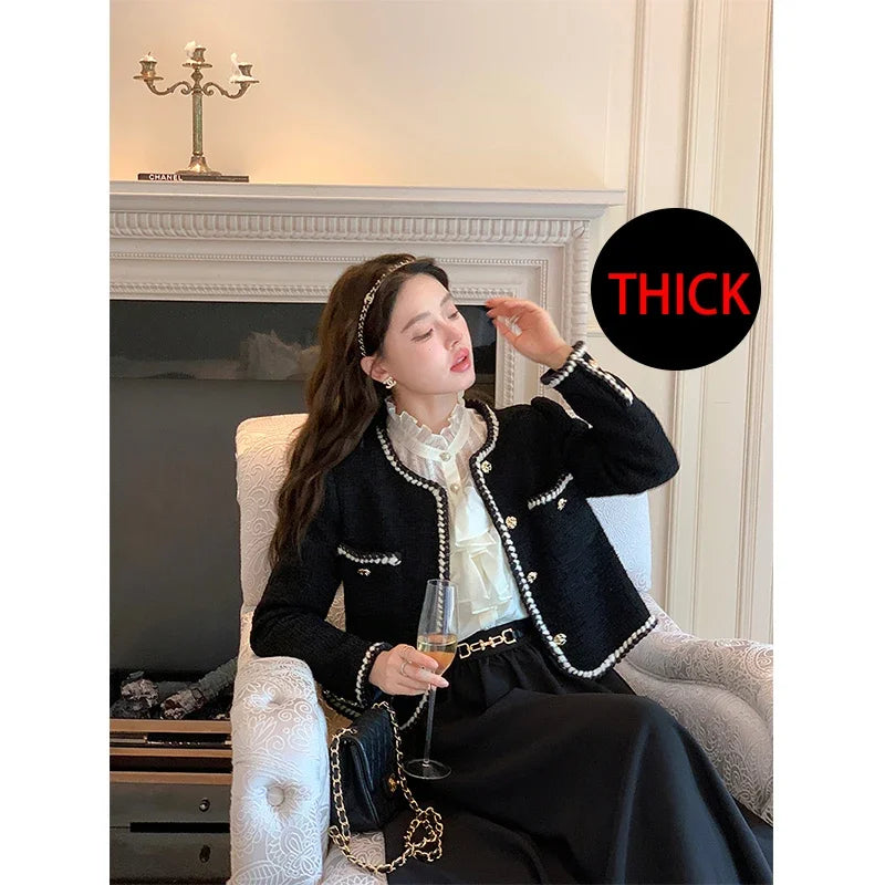 Vintage Jackets Women Black Tweed Cropped Coat Korean Elegant Thicken Single Breasted Blazer Casual Short Outerwear Tops voguable