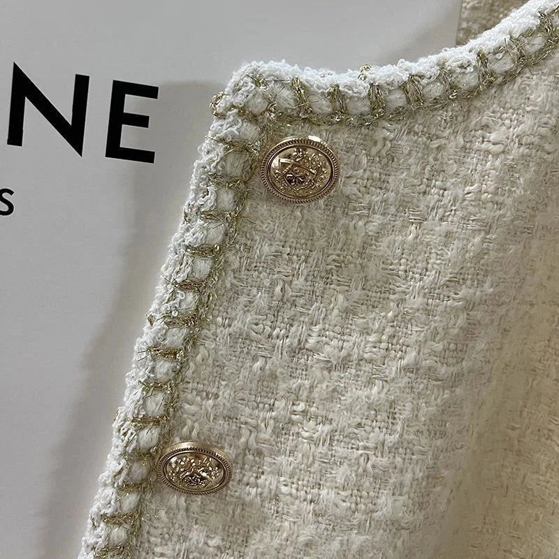 French Sweet Tweed Jacket Women O Neck Elegant Slim Long Sleeve Coat Vintage Casual Single Breasted Female Fall Winter Tops voguable