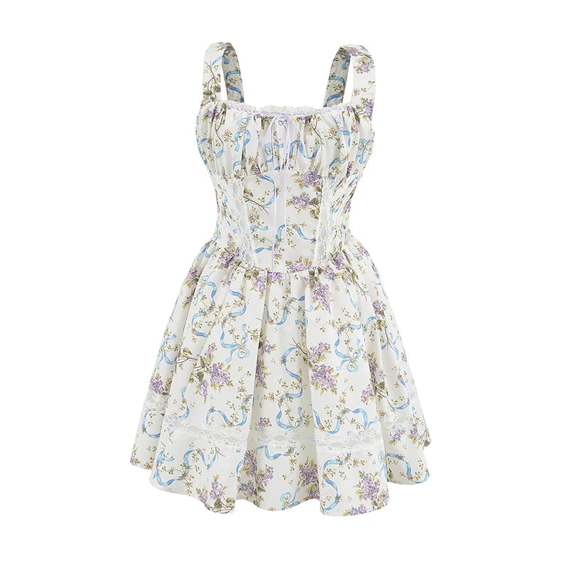 Floral Print Tank Mini Dress Women Lace Spliced O Neck Sleeveless A-line Holiday Casual Summer Dresses Party Robe voguable