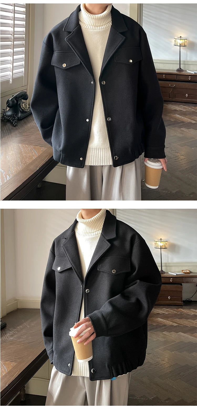 Winter Short Woolen Coat Men Warm Fashion Casual Thick Woolen Jacket Men Korean Loose Thicken Woolen Coat Mens Black Overcoat voguable