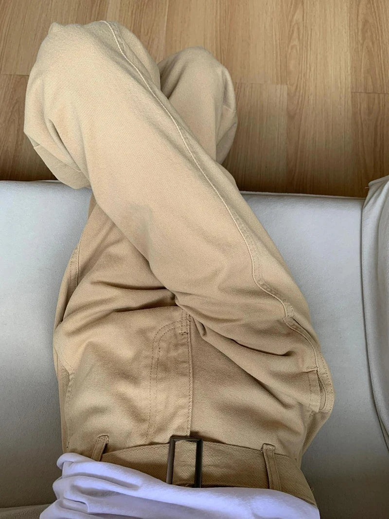 Y2K Vintage Belt Jeans Women Loose American High Waist Hip Hop Denim Pant Harajuku Retro Pockets Streetwear Khaki Trousers New voguable