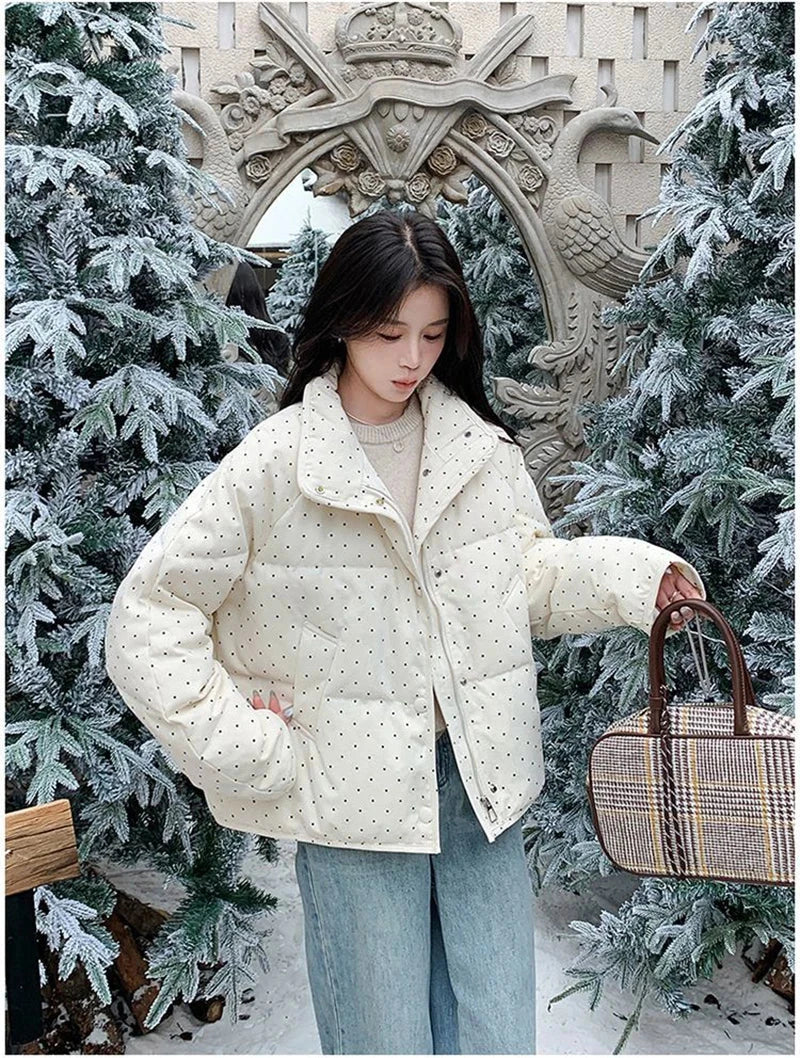 Dot Sweet Warm Parkas Women Long Sleeve Retro Winter Thick Cute Cotton Coat Casual Stand Collar Pockets Korean New Jacket voguable