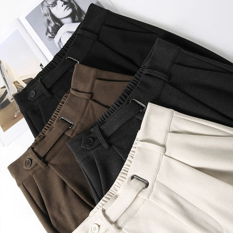 Fall Winter Woolen Suit Pants Women High Waist Loose Casual Wide-Leg Trousers Y2K Solid Korean Chic Office Lady Straight Pants voguable