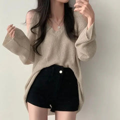 Sexy Off Shoulder Sweater Women V Neck Long Sleeve Thin Knitwear Korean Oversized Loose All Match Casual Female Pullovers New voguable