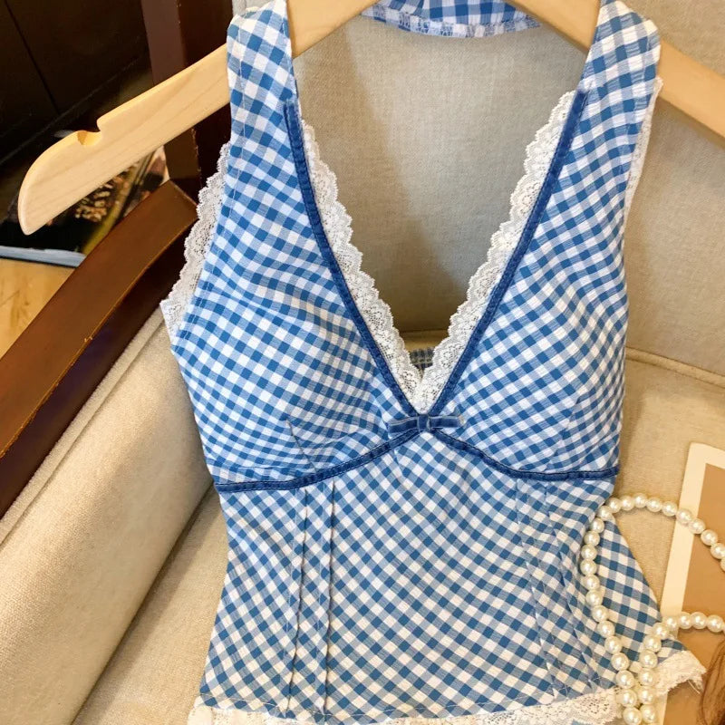 French Sweet Spicy Camis Hanging Neck Camisole Lace Patchwork Plaid Print Short Top Sexy Deep V-neck Bandage Halter Crop Tops voguable