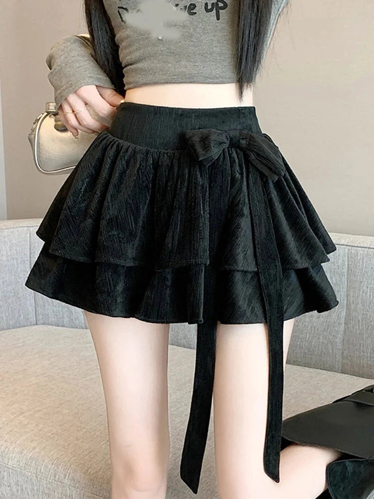 Sweet Bow Cake Skirts Women Vintage Slim High Waist Sexy Mini A Line Skirt Korean Preppy Style Fall Winter Dance Skirt New voguable