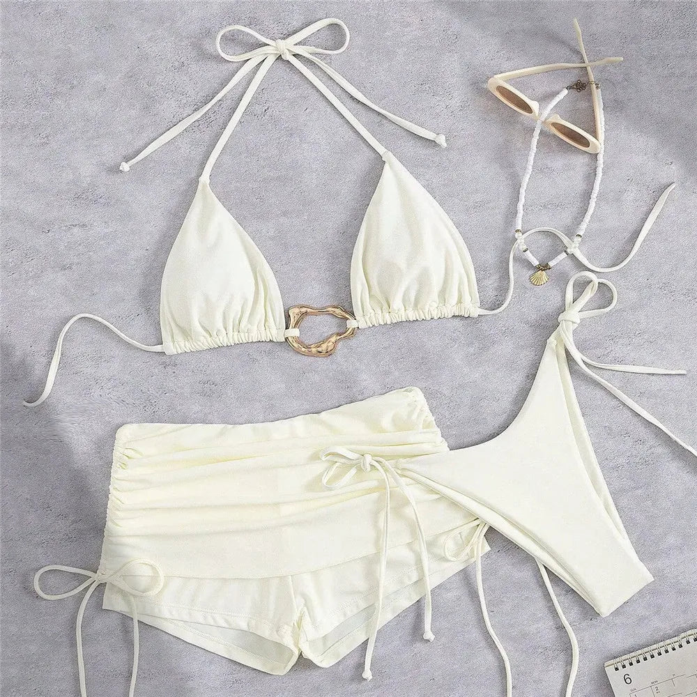 Voguable  Metal Ring Halter String Triangle 3 Piece Bikinis Sets Brown Solid Swimwears Bottom Short Micro Thong Sexy Swimsuit Woman voguable