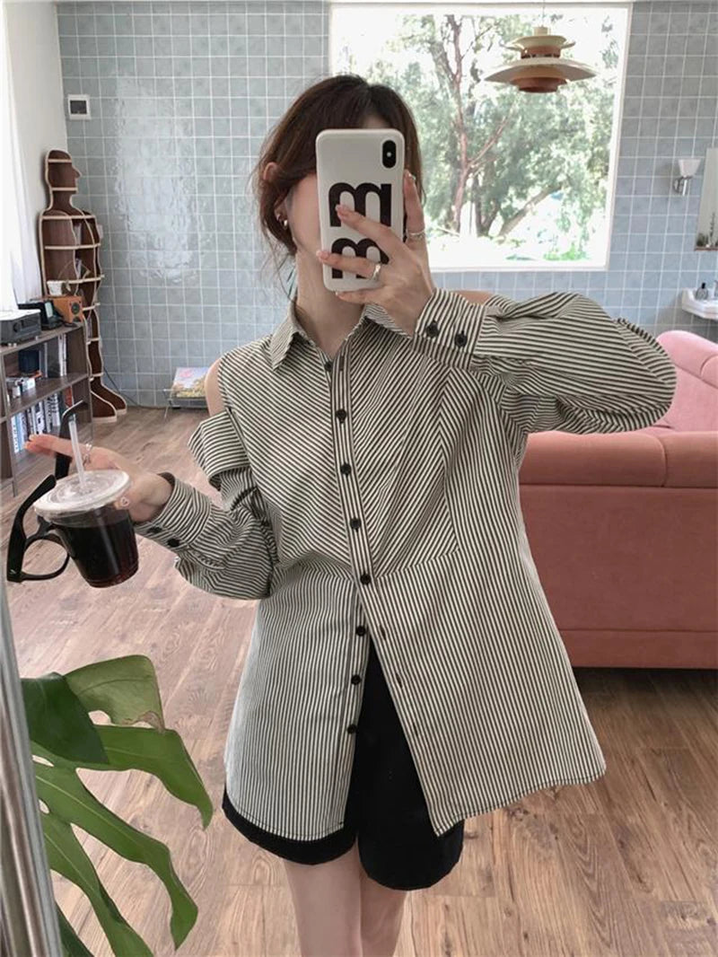 Hollow Out Striped Shirt Women Casual Long Sleeve Off Shoulder Blouse Korean Vintage Loose Design Female Retro Elegant Top voguable