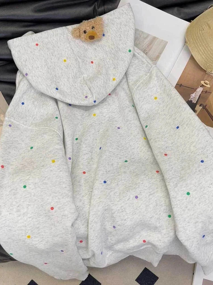 Vintage Dot Sweet Hoodies Women Letter Embroidery Cute Loose Sweatshirts Casual Preppy Style Long Sleeve Lady Japan Tops voguable