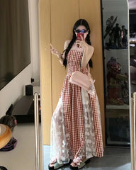 Voguable  Retro Strapless Long Dress Summer Patchwork Lace Dress Slim Women Sleeveless Striped Casual Dress voguable