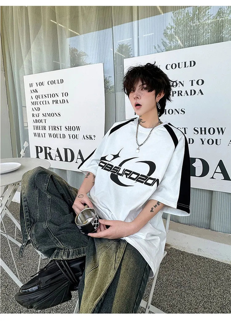 Voguable Letter Printed Splicing Design Fashion Handsome Short Sleeved T-shirts Summer New Trendy Korean Men's Street Tops voguable