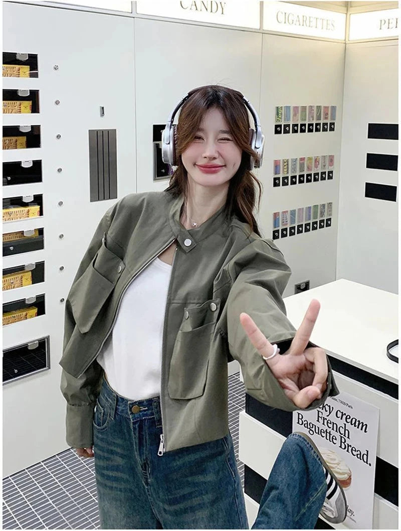 Streetwear Y2K Cropped Cargo Jacket Women Vintage Loose Pockets Harajuku Short Coat American Casual Fall O Neck Long Sleeve Tops voguable